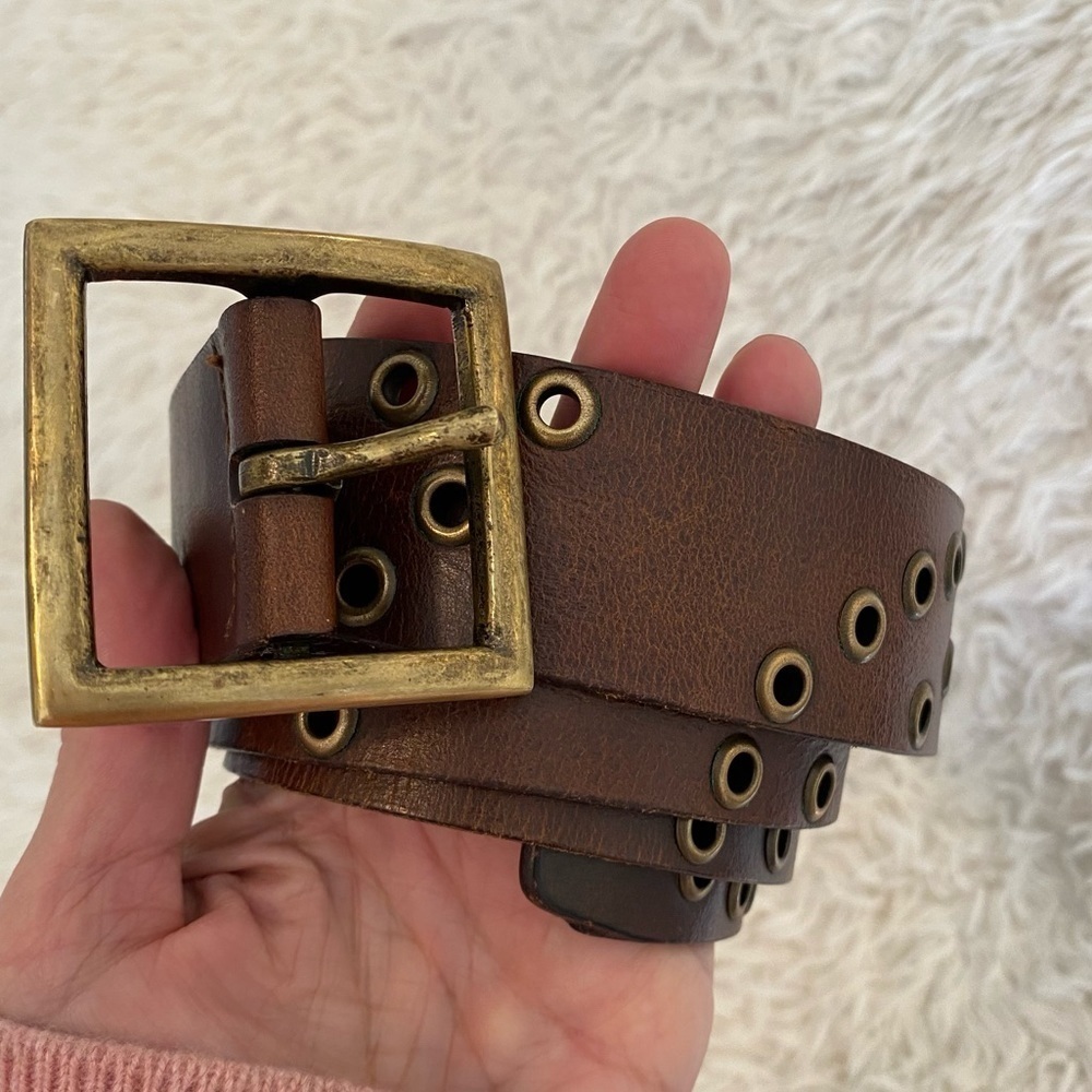 Vintage Brown Leather Belt with Antique Brass Square Buckle